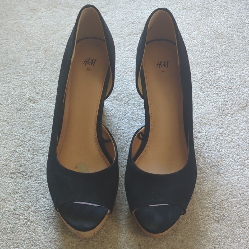 H&M Black Cork Peep Toe Wedges, Size 8.5